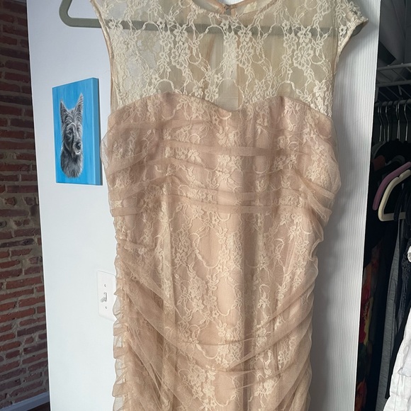 Classy Ivory and Tan Sheer Cocktail Dress - Picture 2 of 9